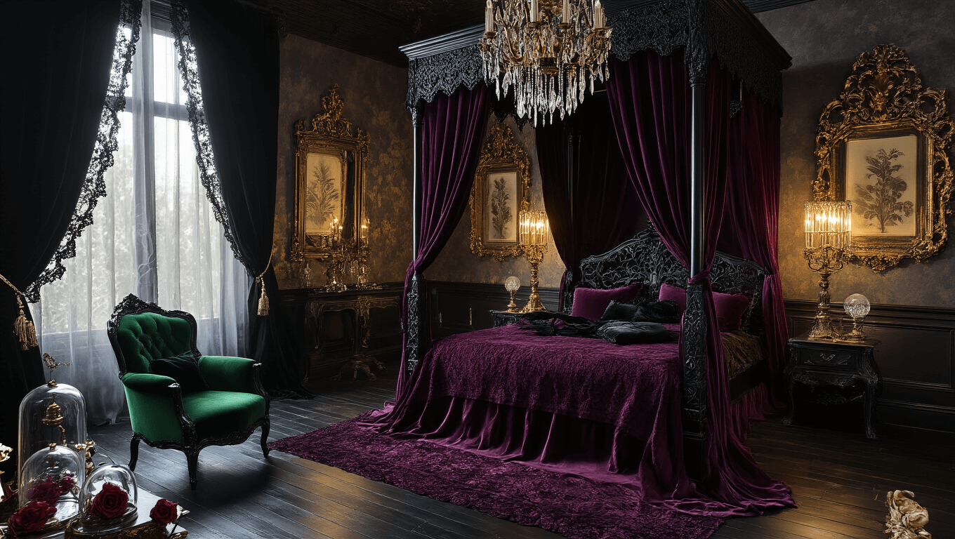A hyperrealistic Victorian gothic bedroom featuring a black wrought-iron four-poster bed with purple velvet curtains, a burgundy brocade bedspread, and a crystal chandelier. Dramatic golden hour lighting filters through black lace curtains, illuminating an emerald green velvet armchair and a brass floor lamp. Dried roses and crystal clusters are displayed under glass domes on carved wooden side tables, all set against dark hardwood floors.