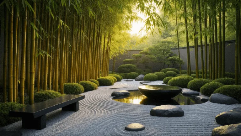 A tranquil Japanese garden at golden hour, featuring bamboo stalks, a black granite water basin, river rocks, a cedar bench, and evergreen shrubs, all bathed in warm sunset light with delicate shadows on gravel paths.
