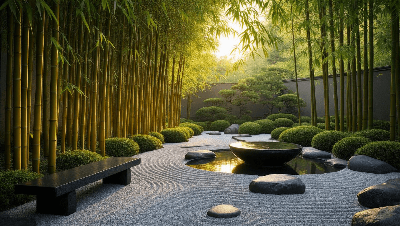 A tranquil Japanese garden at golden hour, featuring bamboo stalks, a black granite water basin, river rocks, a cedar bench, and evergreen shrubs, all bathed in warm sunset light with delicate shadows on gravel paths.