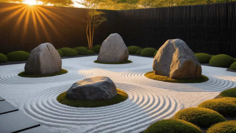Cinematic wide-angle shot of a Japanese Zen garden at golden hour, showcasing three asymmetrical granite boulders amid raked white gravel, with long shadows and a backdrop of black bamboo.