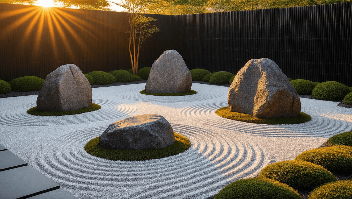 Cinematic wide-angle shot of a Japanese Zen garden at golden hour, showcasing three asymmetrical granite boulders amid raked white gravel, with long shadows and a backdrop of black bamboo.
