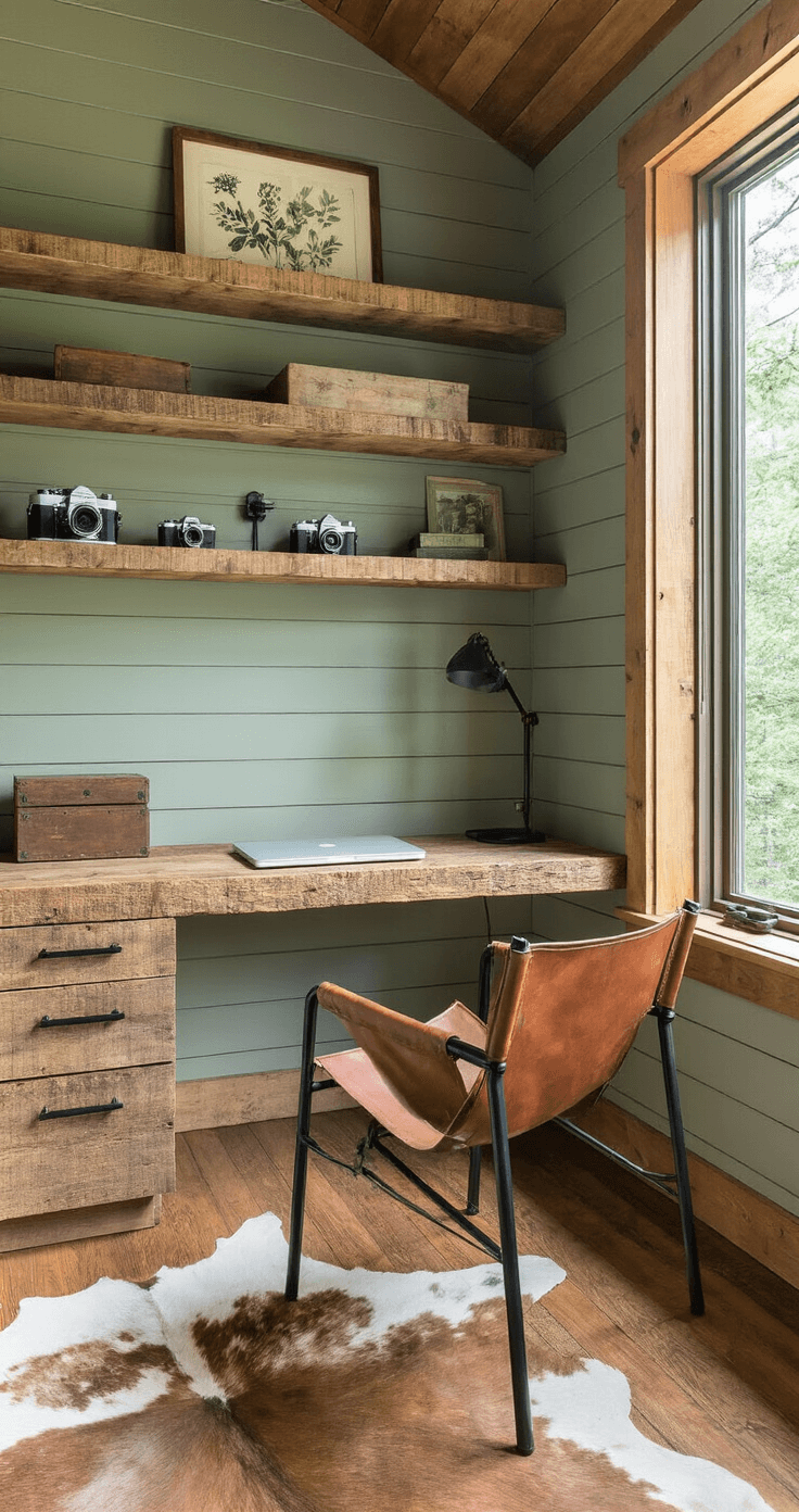 A cozy rustic-modern home office nook in a mountain cabin, featuring a built-in desk of rough-hewn pine, leather sling chair, floating shelves with vintage cameras, and a cowhide rug, set against soft green shiplap walls, with a large picture window offering forest views.