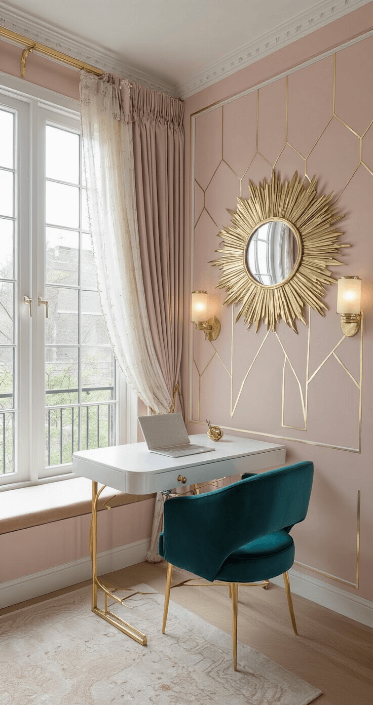 A glamorous Art Deco-inspired home office nook in a bay window, featuring a custom white lacquered desk with a gold-leafed base, a deep teal velvet chair with gold metal legs, a sunburst mirror, frosted glass sconces, blush pink walls, geometric gold wallpaper, and sheer metallic-thread curtains, captured from a corner with soft, diffused lighting.