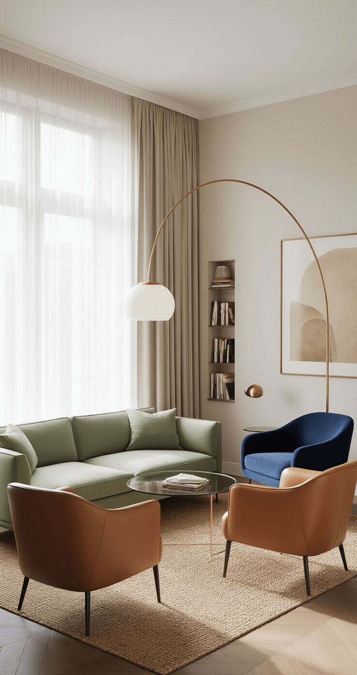 A cozy narrow living room with a mid-century modern sage green sofa, warm tan leather accent chairs, and a textured jute rug, illuminated by soft afternoon light. A reading nook features a deep navy velvet armchair and a tall bookcase, accented with warm brass details and earth-toned artwork.