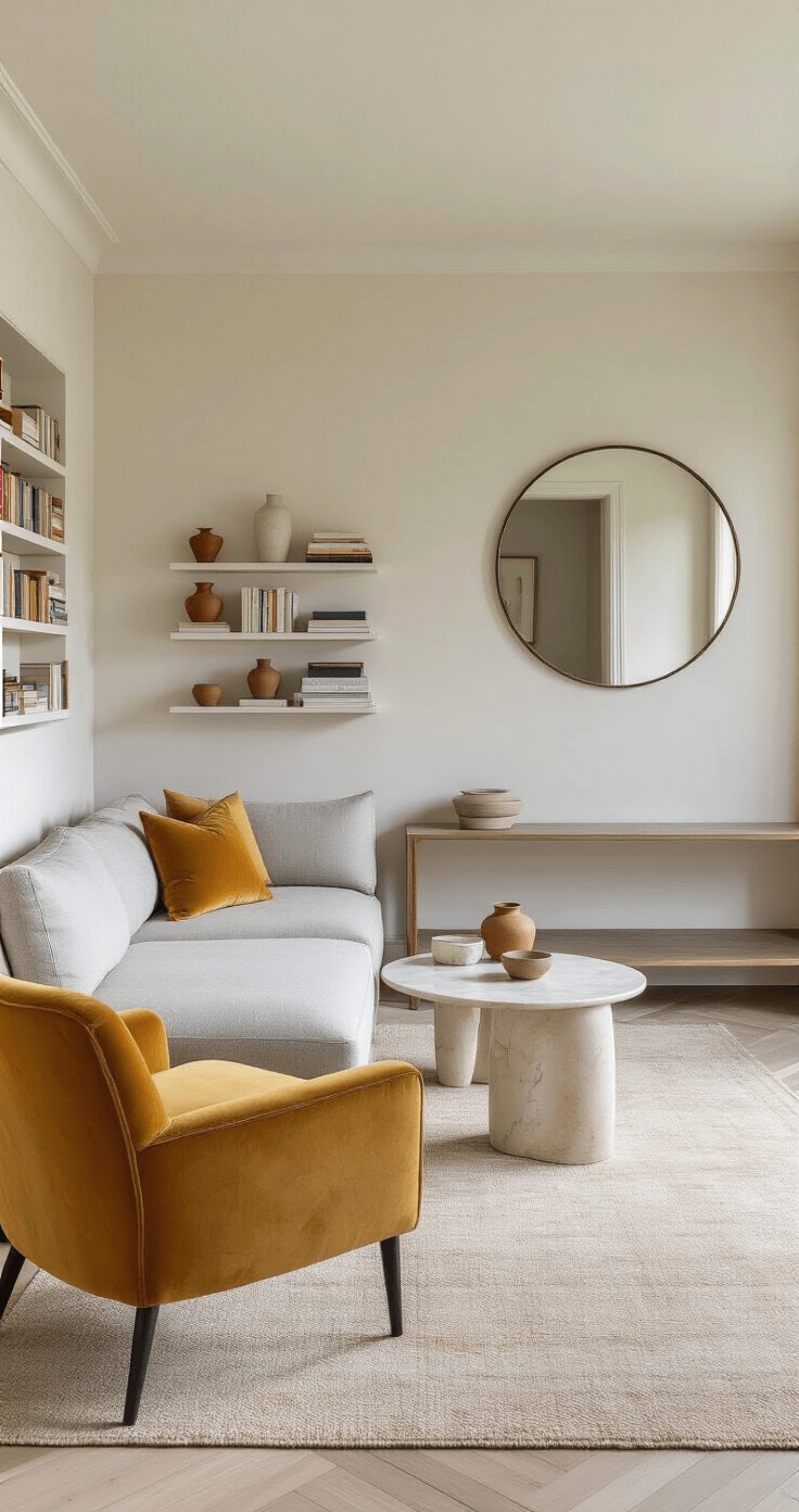 An L-shaped living room in a narrow space, featuring a light gray sectional, mustard yellow velvet armchair, round marble coffee table, and ceramic side tables. A large circular mirror, floating shelves with books and pottery, and a slender console table enhance the decor. Morning sunlight illuminates the soft neutral color palette with accents of terracotta and olive green, captured from a slightly elevated angle.