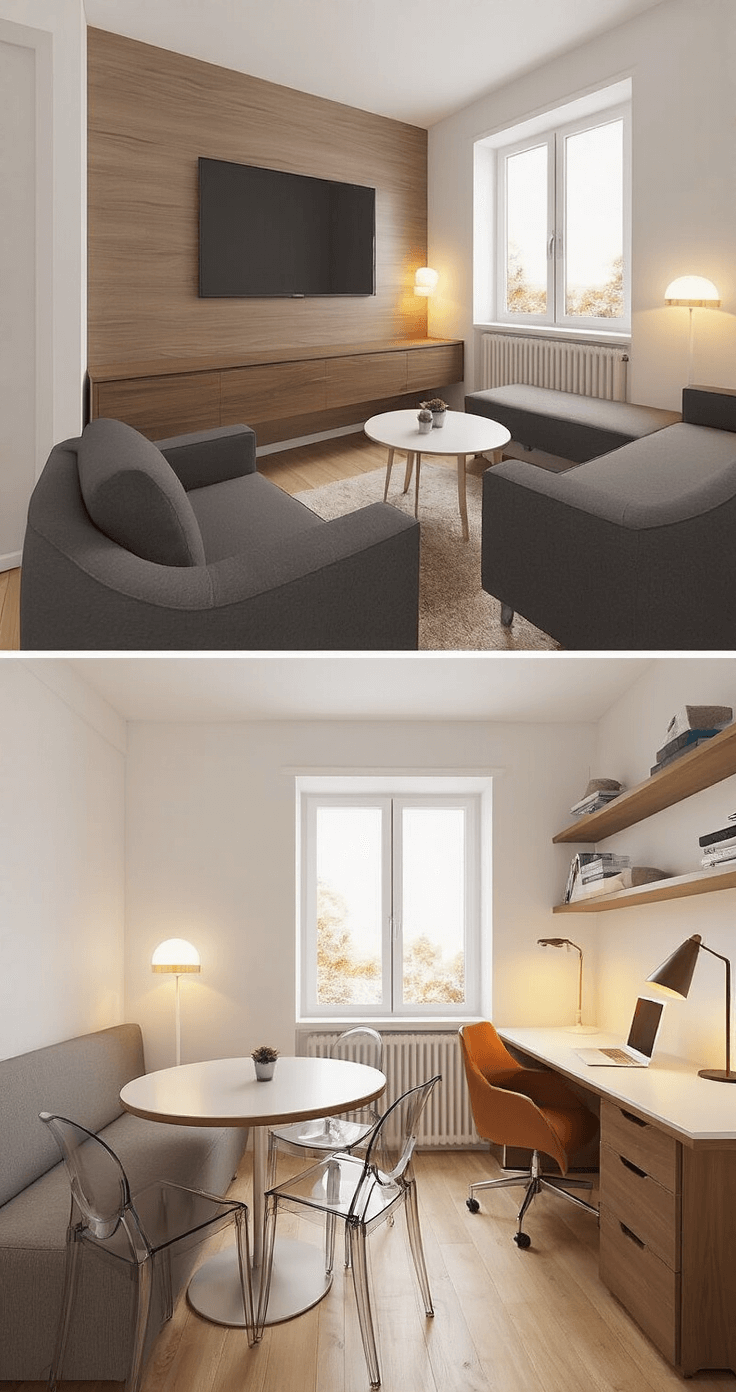 A narrow living room featuring a TV area with a wall-mounted TV above a walnut media console, two charcoal gray loveseats, a dining nook with a round light oak table and transparent acrylic chairs, and a workspace with a wall-mounted desk and cognac leather chair, all illuminated by warm evening light and floor lamps, with a large geometric area rug and sheer curtains.