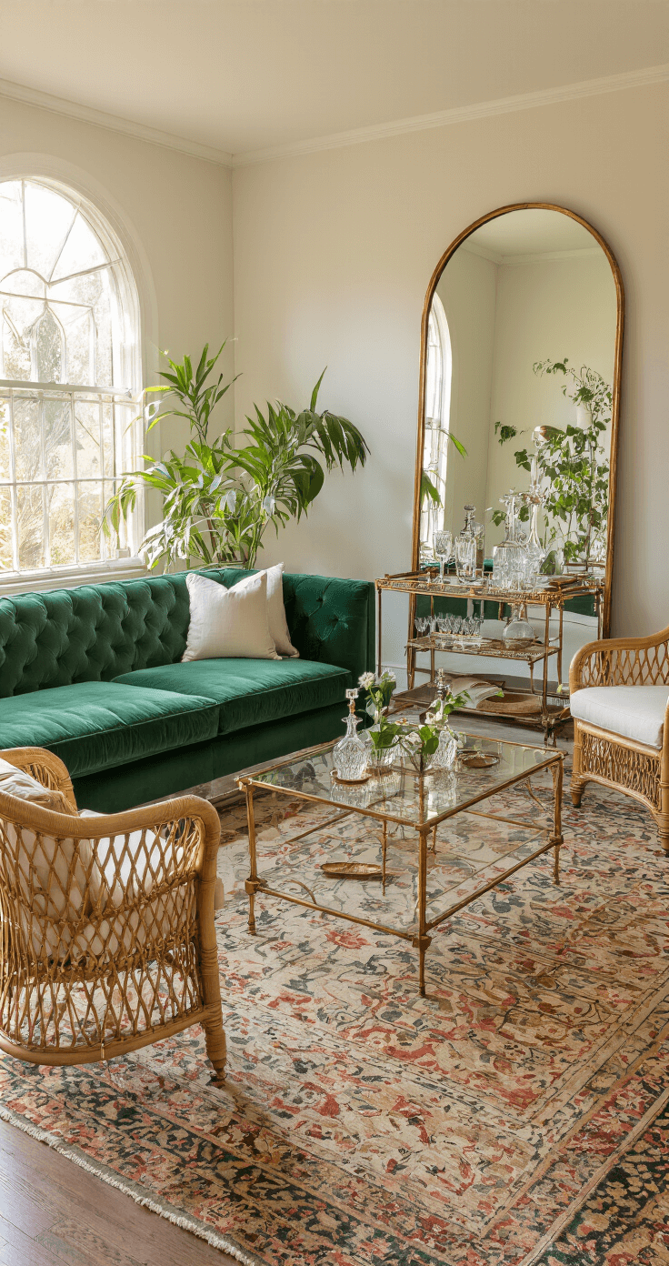 A long, narrow living room bathed in golden hour light features an emerald green velvet sofa, rattan armchairs with cream cushions, and a brass and glass coffee table, all framed by a large arched mirror and adorned with plants and layered rugs.