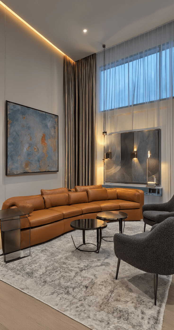 A sophisticated narrow living room featuring a curved caramel leather sofa, charcoal bouclé armchairs, and smoked glass nesting tables, illuminated by ambient lighting. An abstract canvas in muted blue, gray, and rust adorns the wall, with sheer metallic drapes adding drama. A console table with sculptural objects and lamps enhances depth, all in a warm color palette with brass and deep green accents.