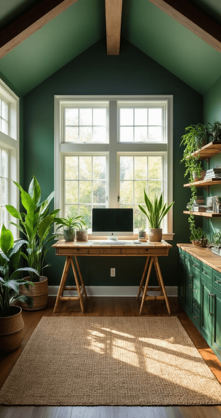 A spacious home office with deep emerald green walls, a bamboo standing desk by large windows, a jute rug on hardwood floors, air-purifying plants, and reclaimed wood shelves, all bathed in warm late afternoon sunlight.