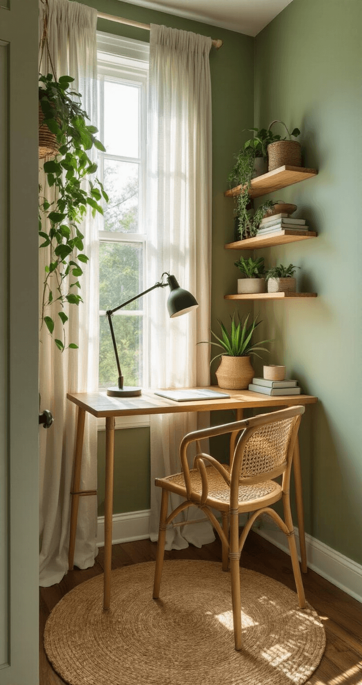 Cozy home office nook in a bay window alcove, featuring a bamboo desk with an LED lamp, a recycled material chair, and floating shelves with plants, all bathed in soft morning light and calming sage green walls.