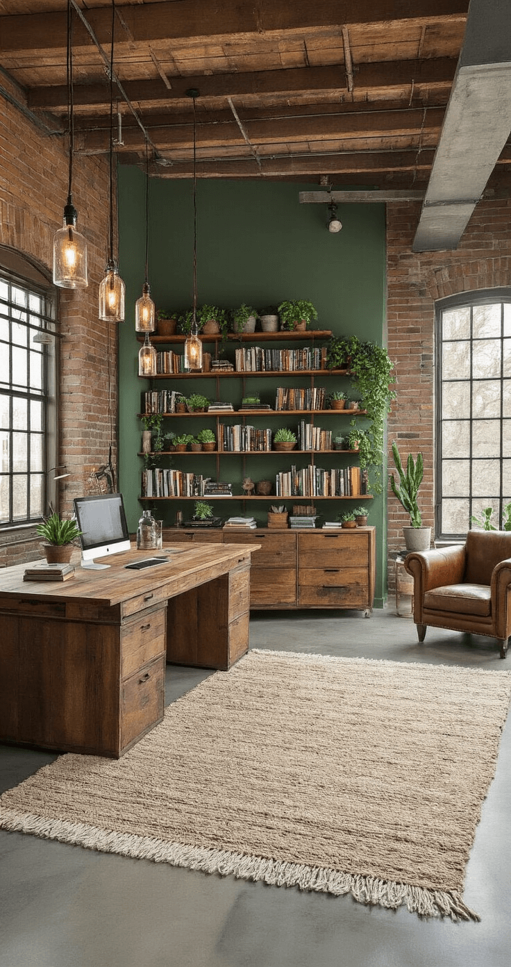 A modern home office with exposed brick walls painted in muted forest green, polished concrete floors, a large reclaimed wood desk, pendant lights made from repurposed glass bottles, a plush area rug, a floor-to-ceiling bamboo bookshelf, potted succulents, and a vintage leather armchair, captured from a low angle to highlight textures and warm lighting.