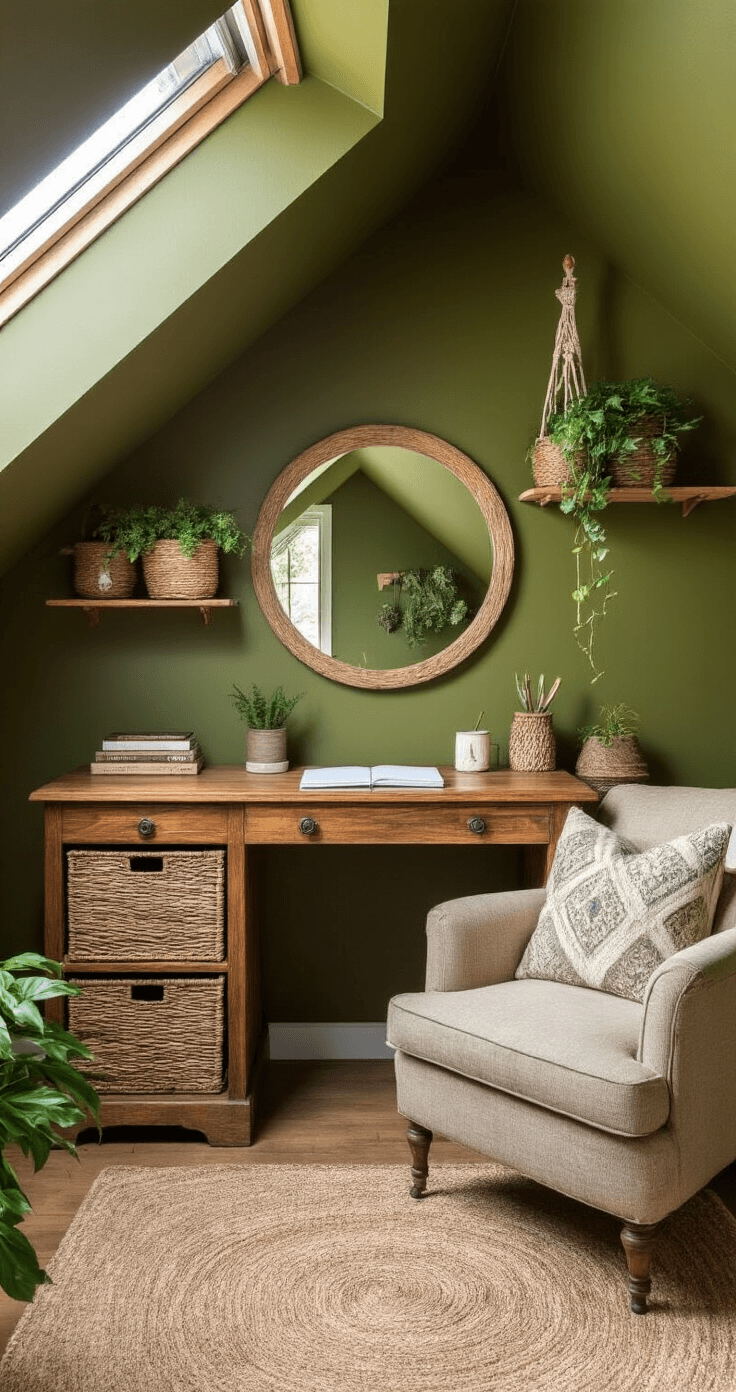 A cozy attic home office with slanted ceilings and dormer windows, featuring olive green walls, a vintage wooden desk under a skylight, woven seagrass baskets on floating shelves, a plush armchair in a reading nook, trailing plants in macramé hangers, and a large circular mirror made from reclaimed wood.