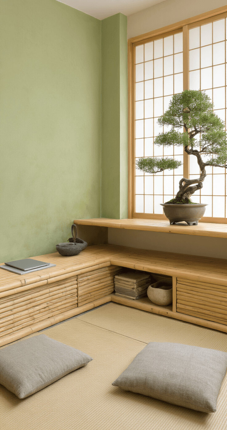A bird's-eye view of a serene home office inspired by Japanese minimalism, featuring pale mossy green walls, a custom bamboo desk with built-in storage, organic floor cushions, a bonsai tree in a ceramic pot, shoji screens filtering light, and a meditation corner with a water feature.