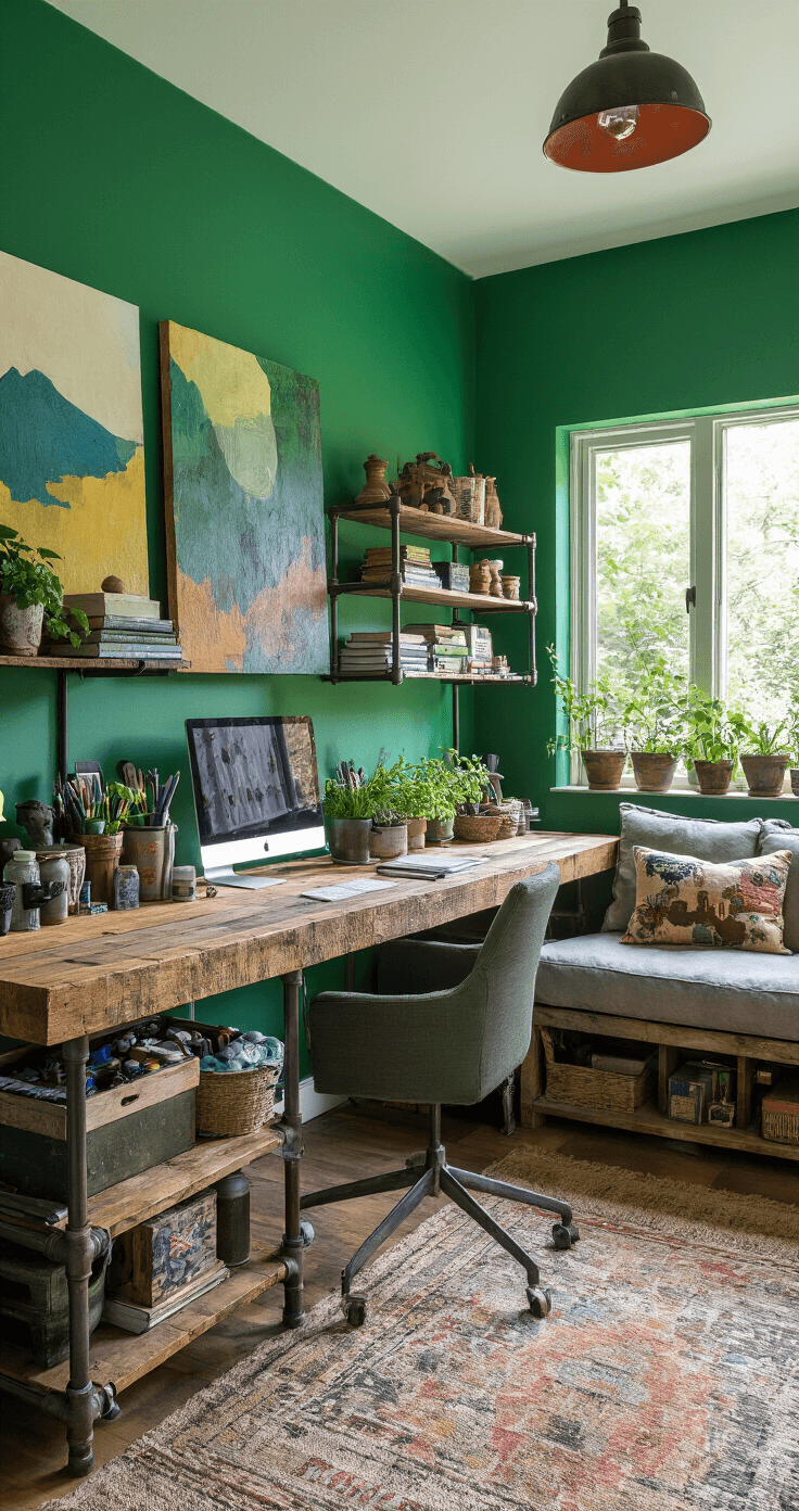 A vibrant home office and creative studio with emerald green walls, a rustic barn wood workbench, repurposed metal pipe shelving displaying art supplies and decor, a recycled fabric sofa, large eco-friendly painted canvases, and potted herbs on the windowsill, all captured from a slightly elevated angle with bright studio lighting.