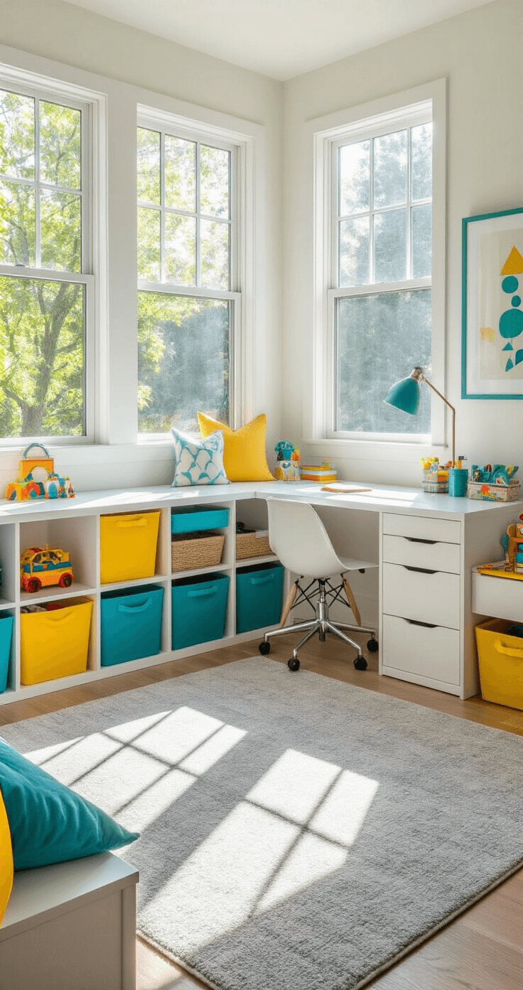 Bright, airy 200 sq ft spare bedroom converted into a home office playroom combo, featuring a white desk, colorful toy storage bins, a craft table, and a soft gray rug, with pops of teal and yellow decor, captured from a high corner angle.