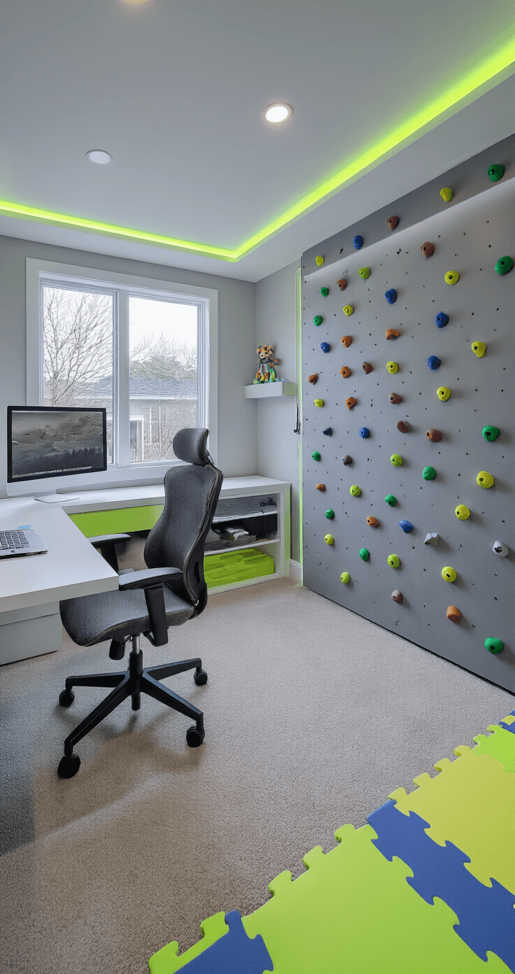 A spacious modern basement home office and playroom combo featuring a sleek white desk, ergonomic chair, climbing wall, and foam play mats, illuminated by cool LED lighting in gray, white, neon green, and electric blue, with textured wall panels and a central media unit, captured from a low, wide angle.