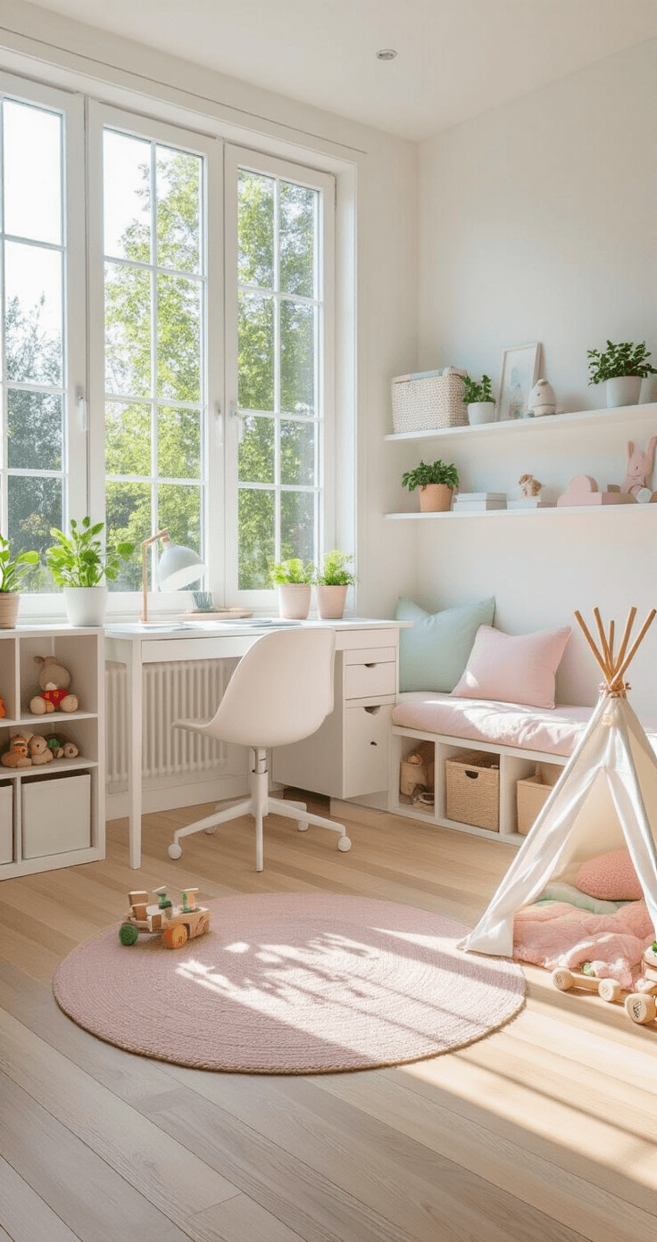 A bright Scandinavian-inspired home office playroom with large windows, featuring a minimalist white desk, low wooden toy storage, a tepee reading nook, pale wood flooring, white walls, and pastel pink and mint green soft furnishings, enhanced by potted plants.