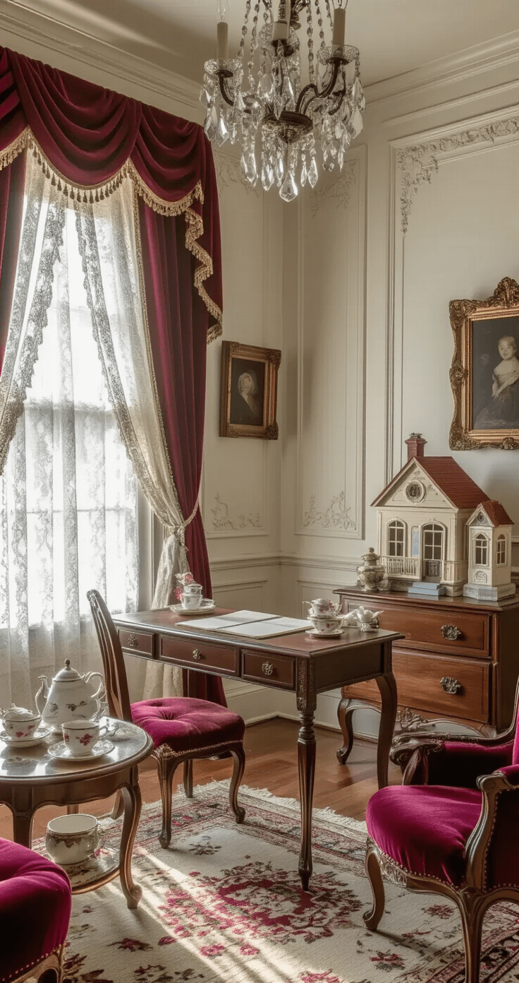 A whimsical Victorian-era parlor transformed into a home office and playroom, featuring an antique writing desk, a child-sized vintage tea set, and a dollhouse. Warm golden hour light filters through lace curtains, highlighting rich jewel tones in velvet upholstery against crisp white walls, with ornate moldings and a crystal chandelier adding elegance. The symmetrical composition captures the dreamy, nostalgic ambiance.