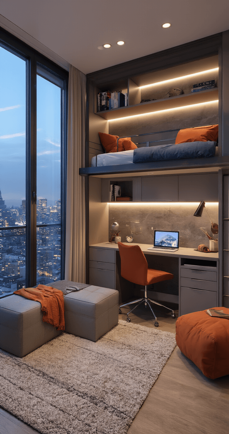 A compact urban living room and home office playroom with city lights visible through floor-to-ceiling windows at dusk. The murphy bed is folded down above a built-in desk, and modular furniture is arranged for flexibility. Clever storage is integrated into the design, with a neutral color palette accented by burnt orange and navy. Plush rugs and throw pillows soften the sleek metal and glass surfaces. The elevated camera angle highlights the innovative space use, illuminated by moody lighting.