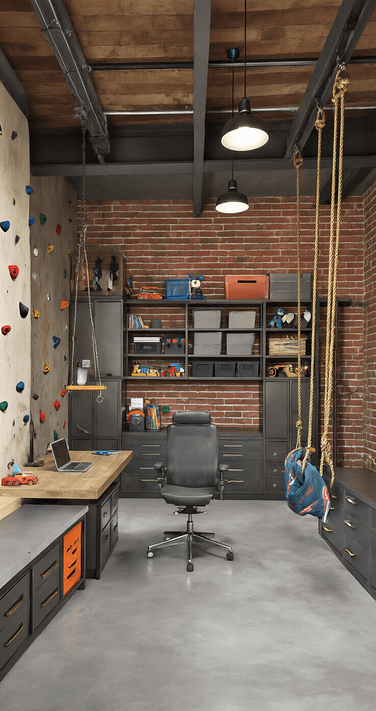 A modern industrial home office playroom combo in a converted garage, featuring exposed brick walls, polished concrete floors, a large metal and wood desk, a rock climbing wall, and a hanging swing. Steel storage units filled with office supplies and toys, in a gray and rust color scheme with pops of primary colors. The space is illuminated by large pendant lights, captured from a corner angle showcasing the full expanse.