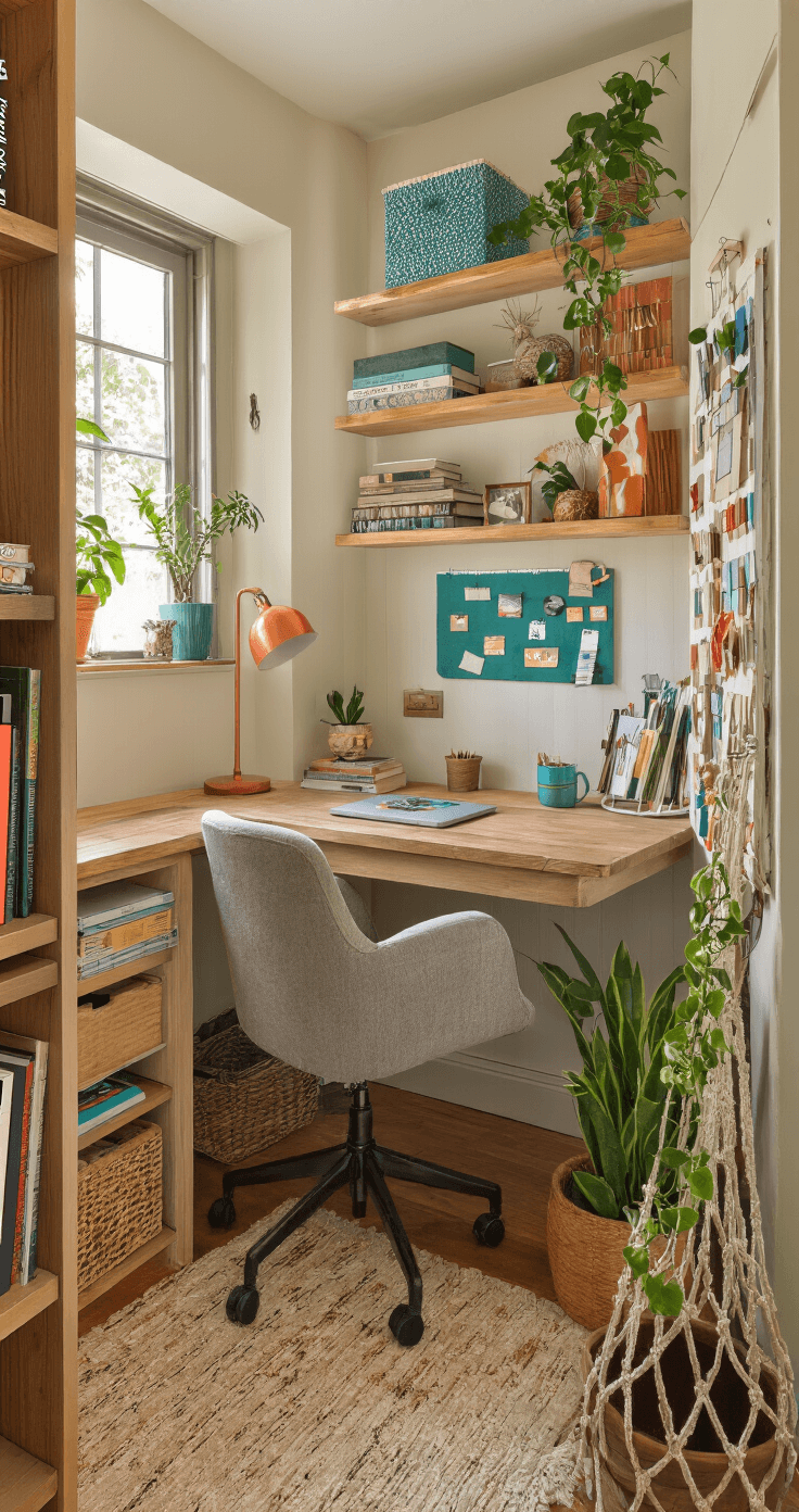 A cozy home office nook in a repurposed closet, featuring a fold-down reclaimed wood desk, vintage ergonomic chair, floating shelves with books and plants, a pegboard organizer with colorful stationery, and warm afternoon light filtering through a small window. The earthy color palette includes teal and copper accents, with a macramé plant hanger displaying a trailing pothos in the corner.