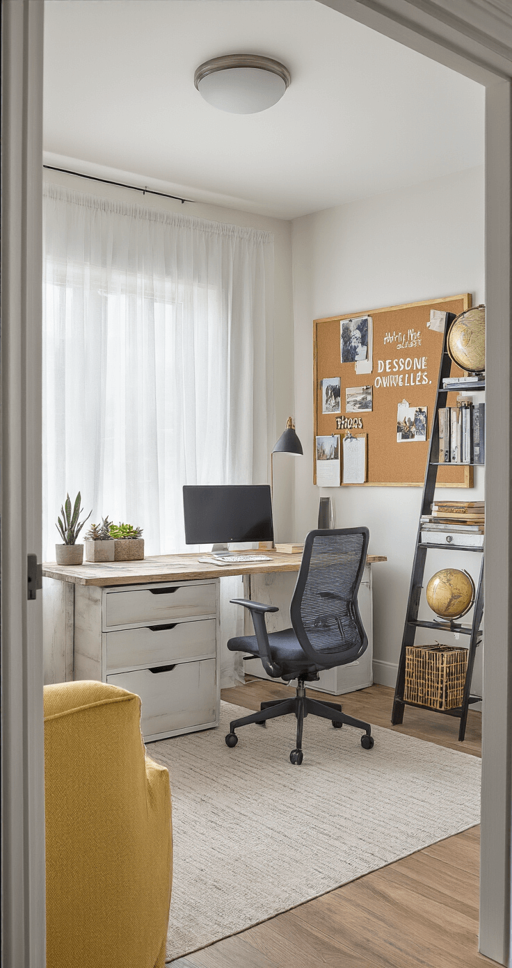 A budget-friendly home office setup in an 8x10 foot room, featuring a DIY desk, a mesh office chair, a tall ladder desk, a cork board with quotes and photos, and succulents on the windowsill, illuminated by early morning light.