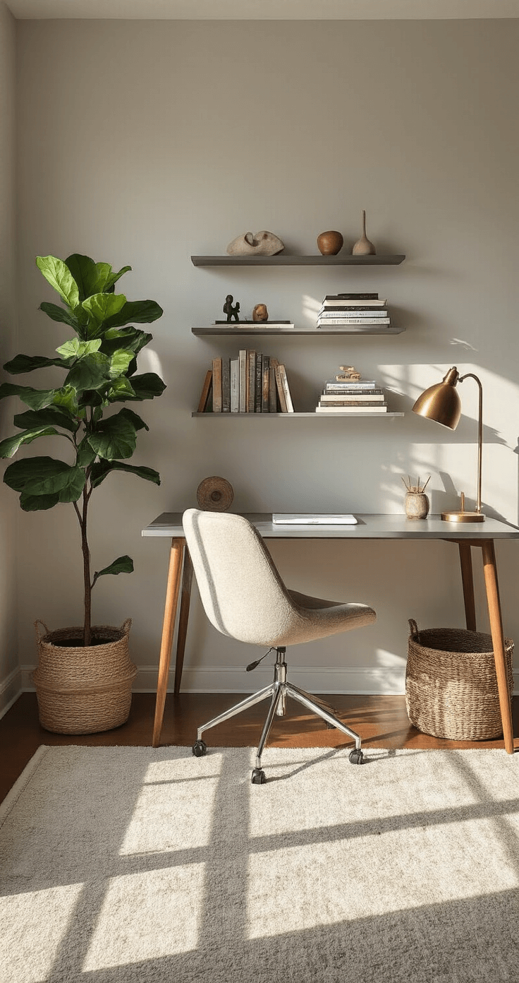 A stylish home office corner featuring a minimalist repurposed dining table desk and a mid-century modern chair, with asymmetrical floating shelves displaying art books and sculptures, a tall fiddle leaf fig tree, and warm gray and cream colors accented by brass. Low angle shot capturing the grandeur of the space bathed in golden hour light.
