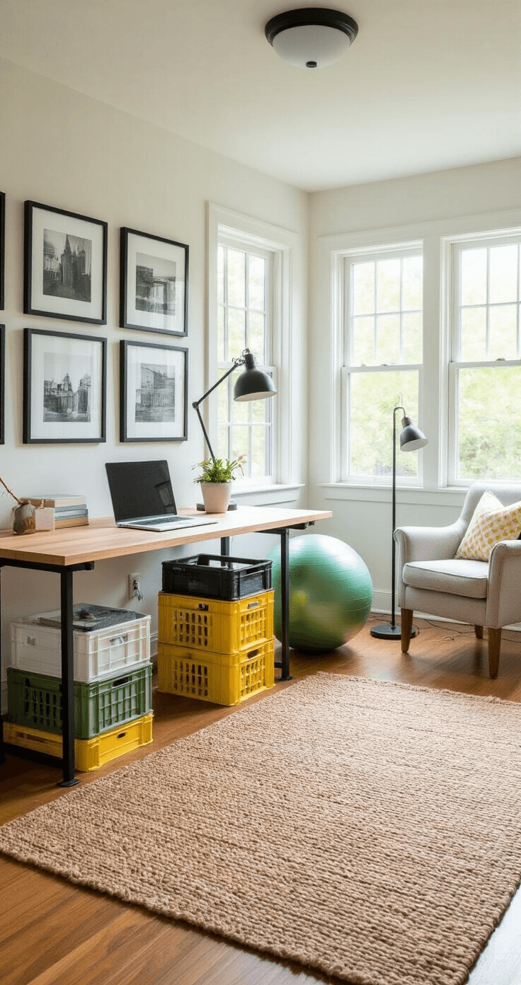Bright and airy home office in a 12x14 foot spare bedroom, featuring a DIY standing desk, balance ball seating, cozy reading nook with an armchair, and a gallery wall of black and white prints. The room is filled with midday sunlight, showcasing a crisp white color scheme accented with lemon yellow and sage green, and anchored by a large jute rug. High angle shot capturing the room's organized layout.