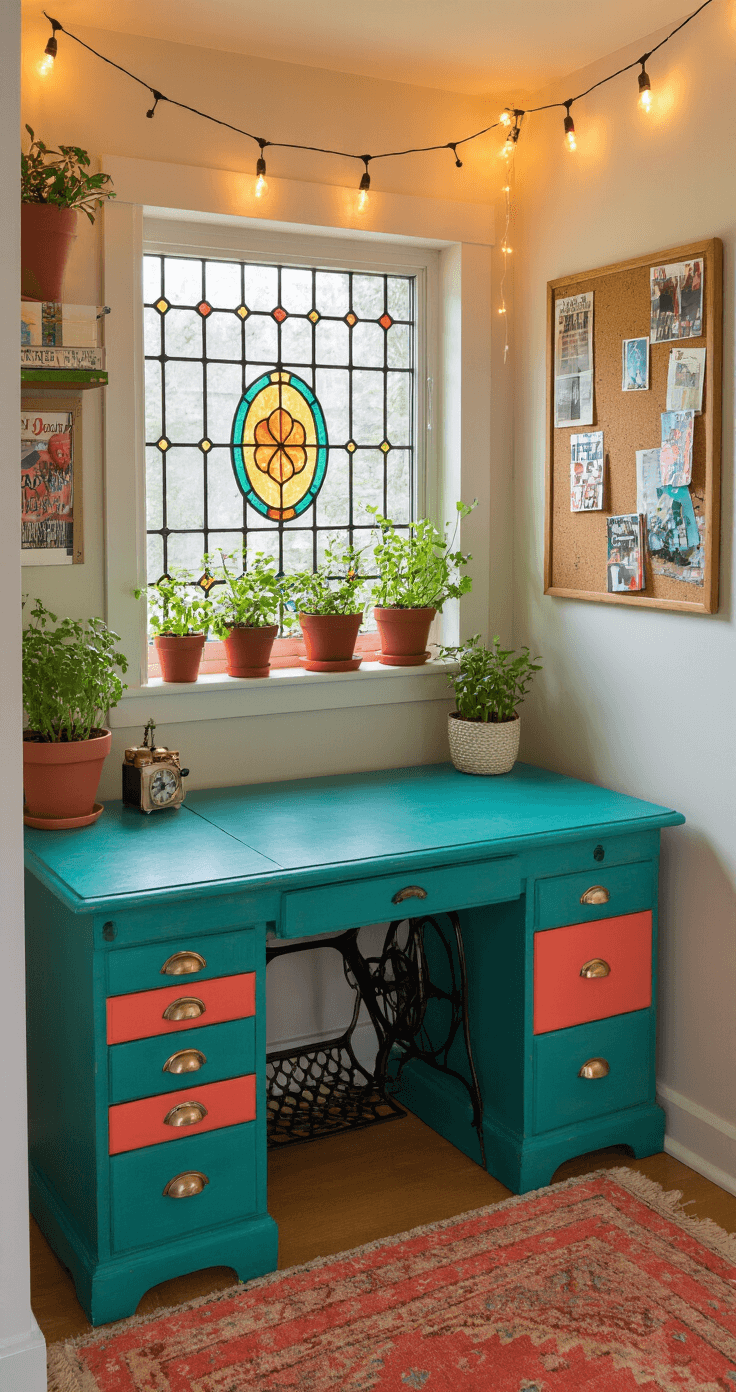 An eclectic home office in a small alcove, featuring a vibrant teal desk made from an old sewing machine table, with a mix-and-match set of drawers beneath. The scene is warmly lit by soft evening light filtering through a stained glass window, adorned with a collage of magazine cutouts on a corkboard above. String lights create a cozy atmosphere, while potted herbs add color and function to the windowsill. A shallow depth of field emphasizes the desk's intricate details.