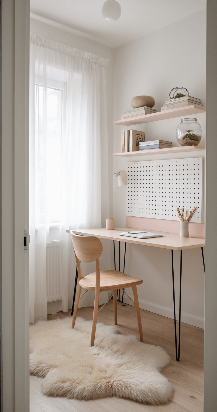 A Scandinavian-inspired home office nook in a 5x7 foot bedroom corner, featuring a wall-mounted desk with hairpin legs, a simple wooden chair, and minimal floating shelves with books and a terrarium. A soft blush pegboard organizes office supplies, while sheer white curtains diffuse morning light. The space has a white and light wood color scheme with pastel accents and a cozy sheepskin rug.