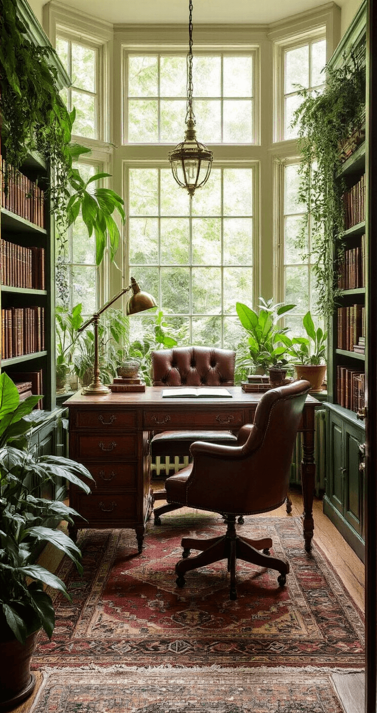 A vintage-inspired home office in a sunroom, featuring a large wooden desk and tufted leather chair, with bookshelves filled with leather-bound books, a brass floor lamp, and lush indoor plants, all illuminated by warm afternoon light.