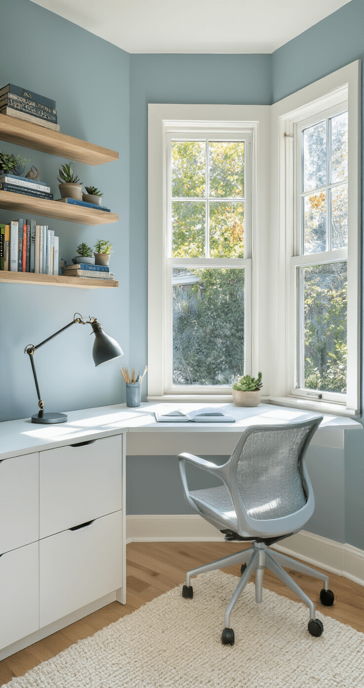 A sunlit corner bedroom office featuring a compact white desk beneath a large bay window, with a view of a lush garden. The ergonomic light gray chair complements the desk, and floating shelves display books and succulents. The room's soothing color palette includes pale blue, white, and natural wood tones, with a plush cream area rug defining the workspace. Natural sunlight and a modern floor lamp illuminate the scene.