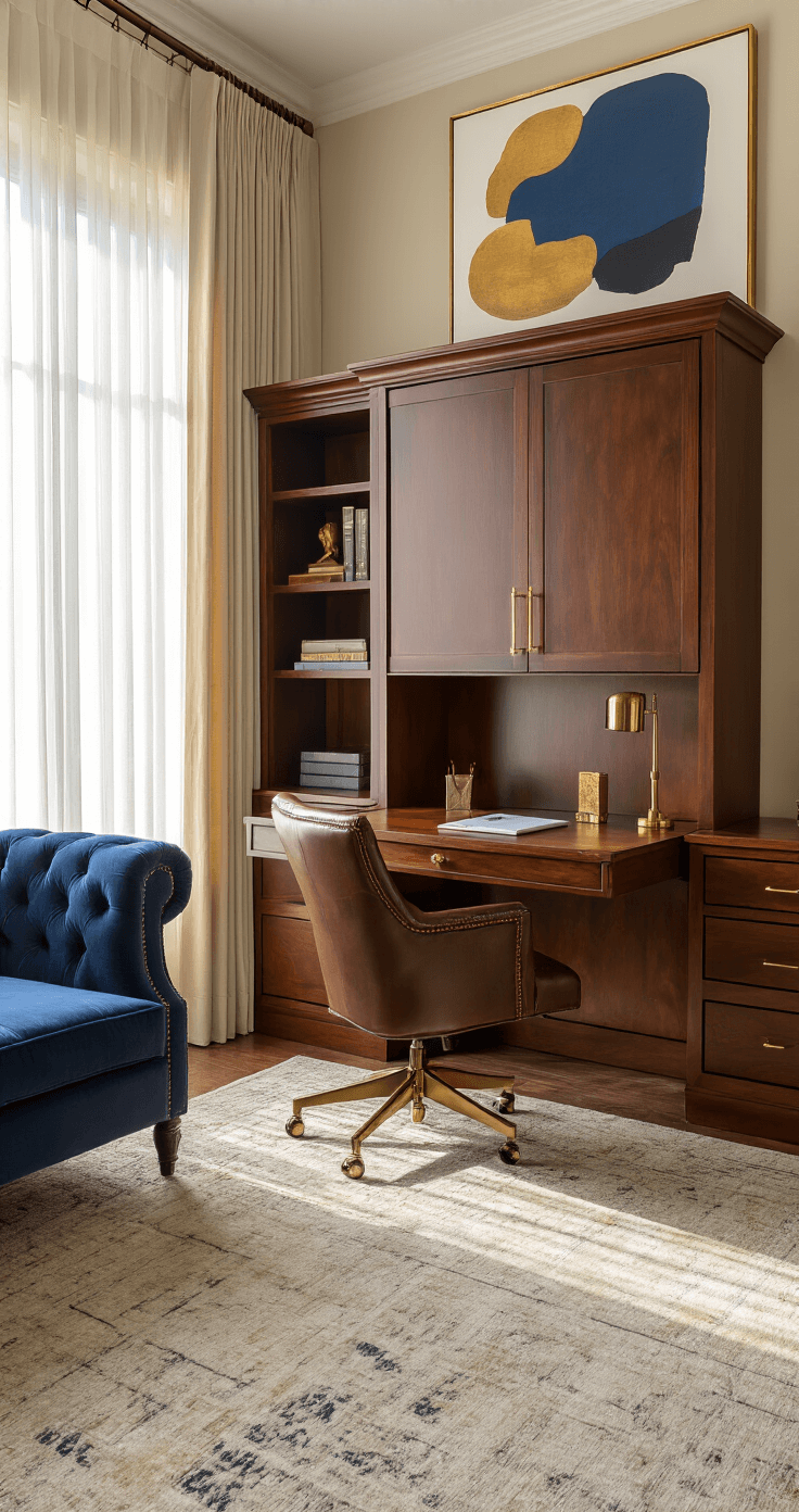 An elegant guest room converted into a daytime office with a mahogany Murphy bed folded against the wall, revealing a built-in desk and shelving unit. The scene is bathed in warm golden hour light filtering through sheer curtains, highlighting a leather executive chair, brass desk accessories, and a tufted deep blue velvet armchair. An abstract painting above the desk adds color to the warm wood, navy, and gold color scheme.