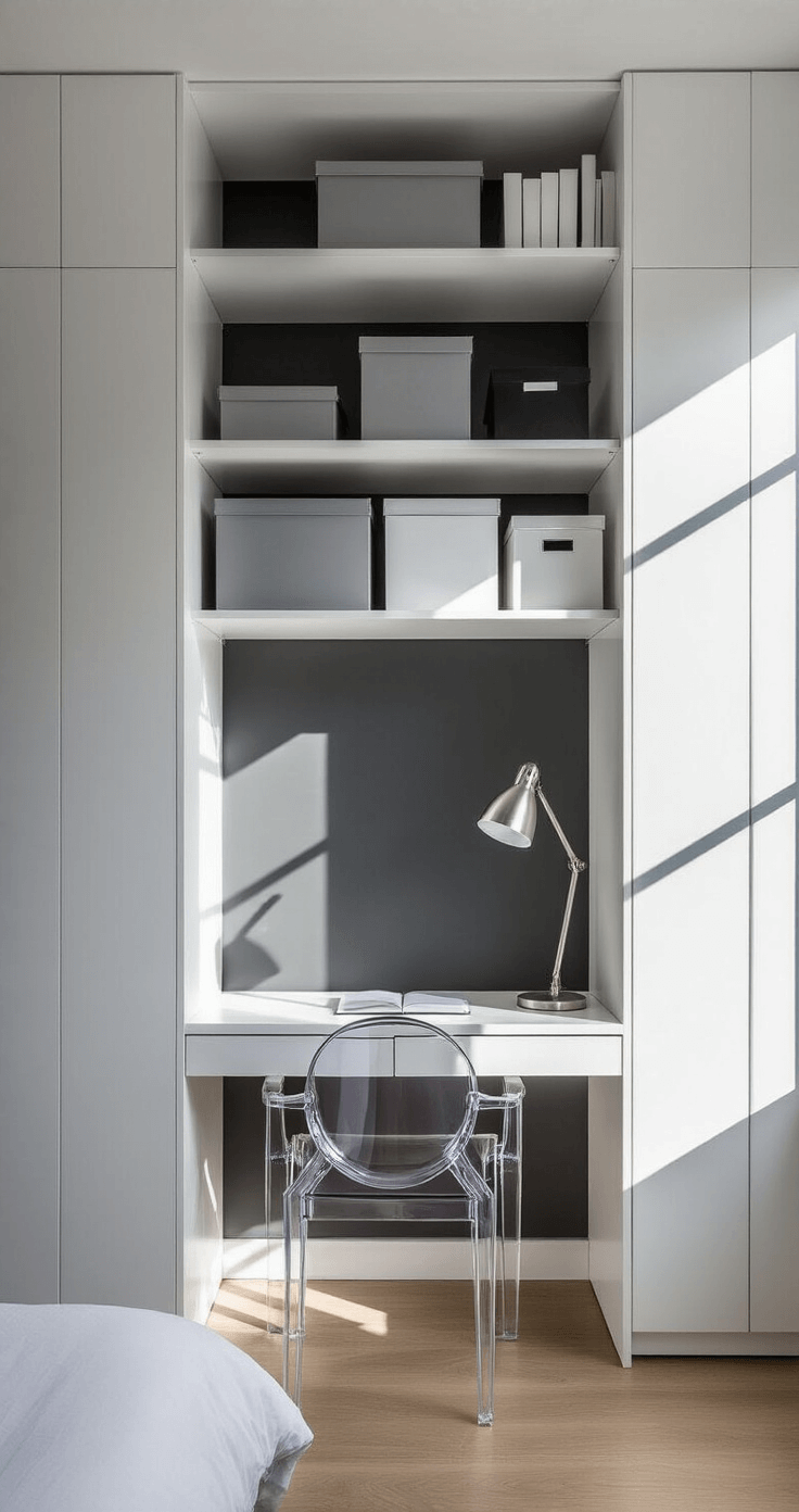 A minimalist bedroom office in a small urban apartment featuring floor-to-ceiling white lacquer shelving, a floating desk against a charcoal wall, and a clear acrylic ghost chair, illuminated by natural light casting strong shadows. Storage boxes in gray and white add visual interest, while a sleek brushed nickel task lamp provides focused lighting.