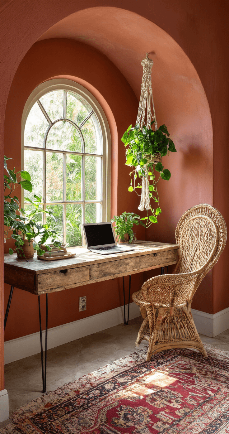 A boho-chic bedroom office nook in a terracotta alcove featuring a reclaimed wood desk with hairpin legs, a rattan peacock chair, macramé plant hangers with cascading pothos plants, and layered vintage rugs in jewel tones, illuminated by soft, diffused natural light.