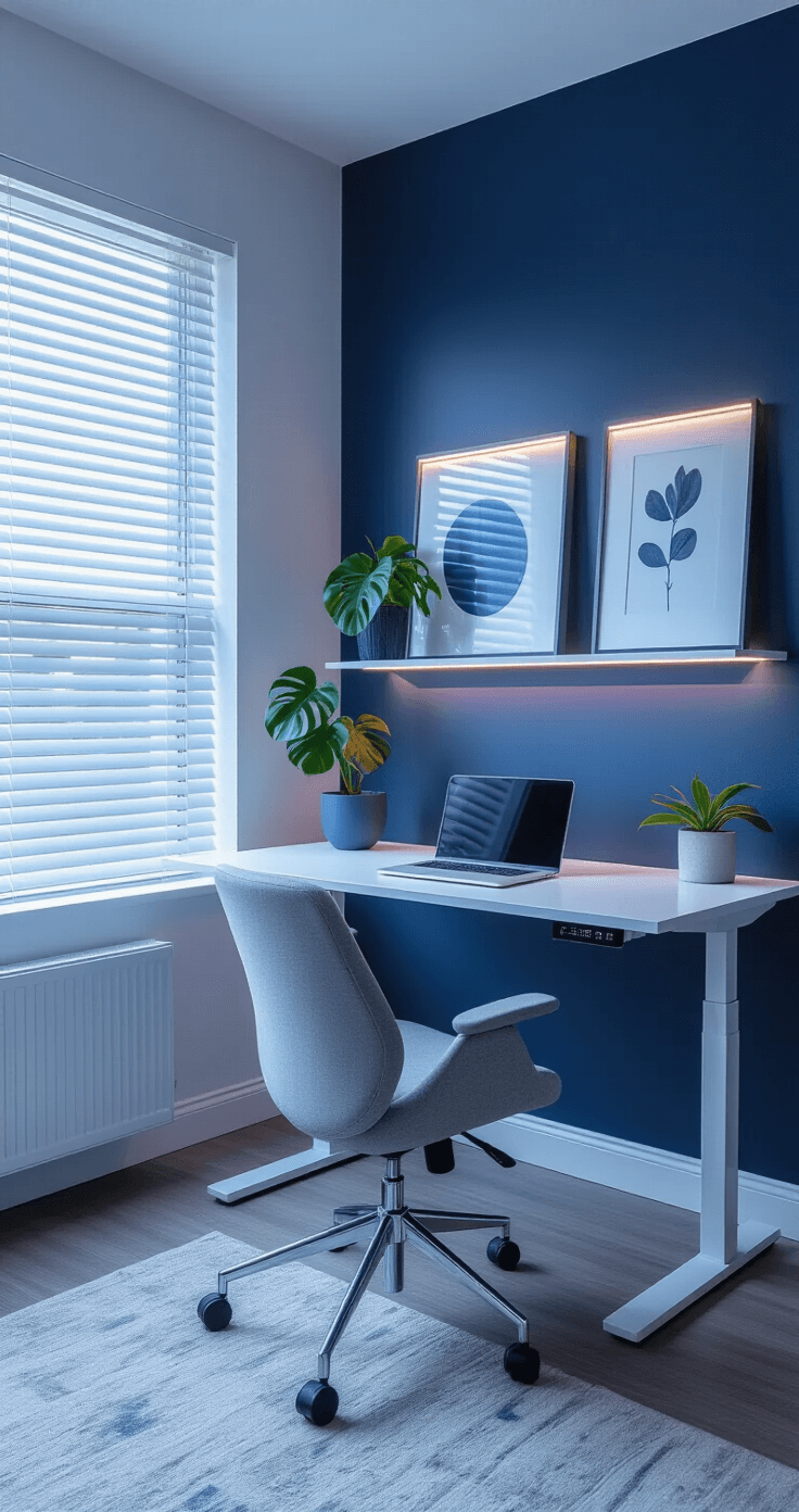 A modern bedroom office featuring a wall-mounted adjustable desk in glossy white against a navy wall, illuminated by LED strip lighting, with cool blue hour light filtering through automated blinds, an ergonomic kneeling chair, and minimalist decor on floating shelves.