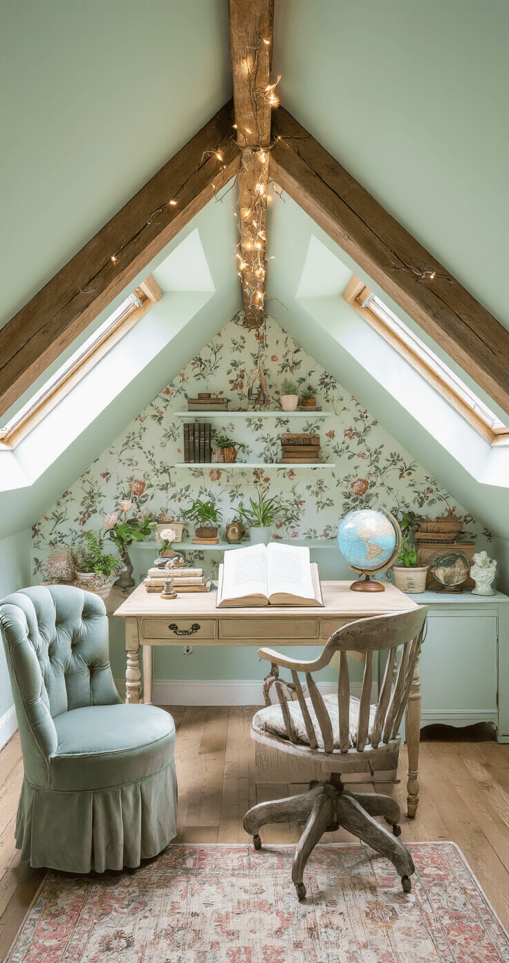 A whimsical attic bedroom office featuring slanted ceilings, exposed wooden beams, and a vintage writing desk under a skylight. Mismatched seating includes a plush velvet swivel chair and a painted wooden chair. String lights add ambiance to the soft mint green walls accented with floral wallpaper, while eclectic accessories like a globe and small plants enhance the character of the space. The wide-angle shot captures the full expanse filled with bright natural light and warm string lights.