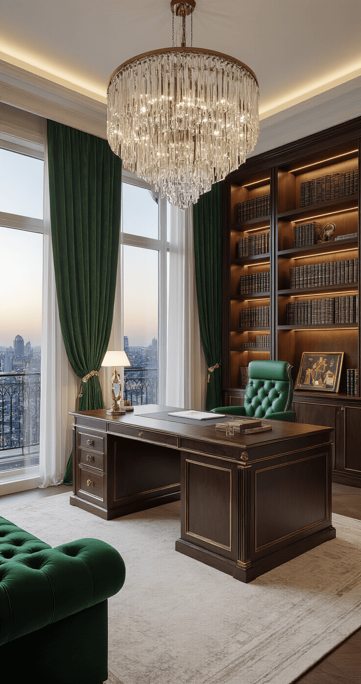 A luxurious master bedroom with a glass-partitioned office, featuring a dark walnut executive desk, floor-to-ceiling bookshelves, a crystal chandelier, and a rich color palette of deep greens, golds, and burgundies, with plush velvet draperies and an emerald green chesterfield sofa, captured in a sweeping panoramic view with dramatic layered lighting.