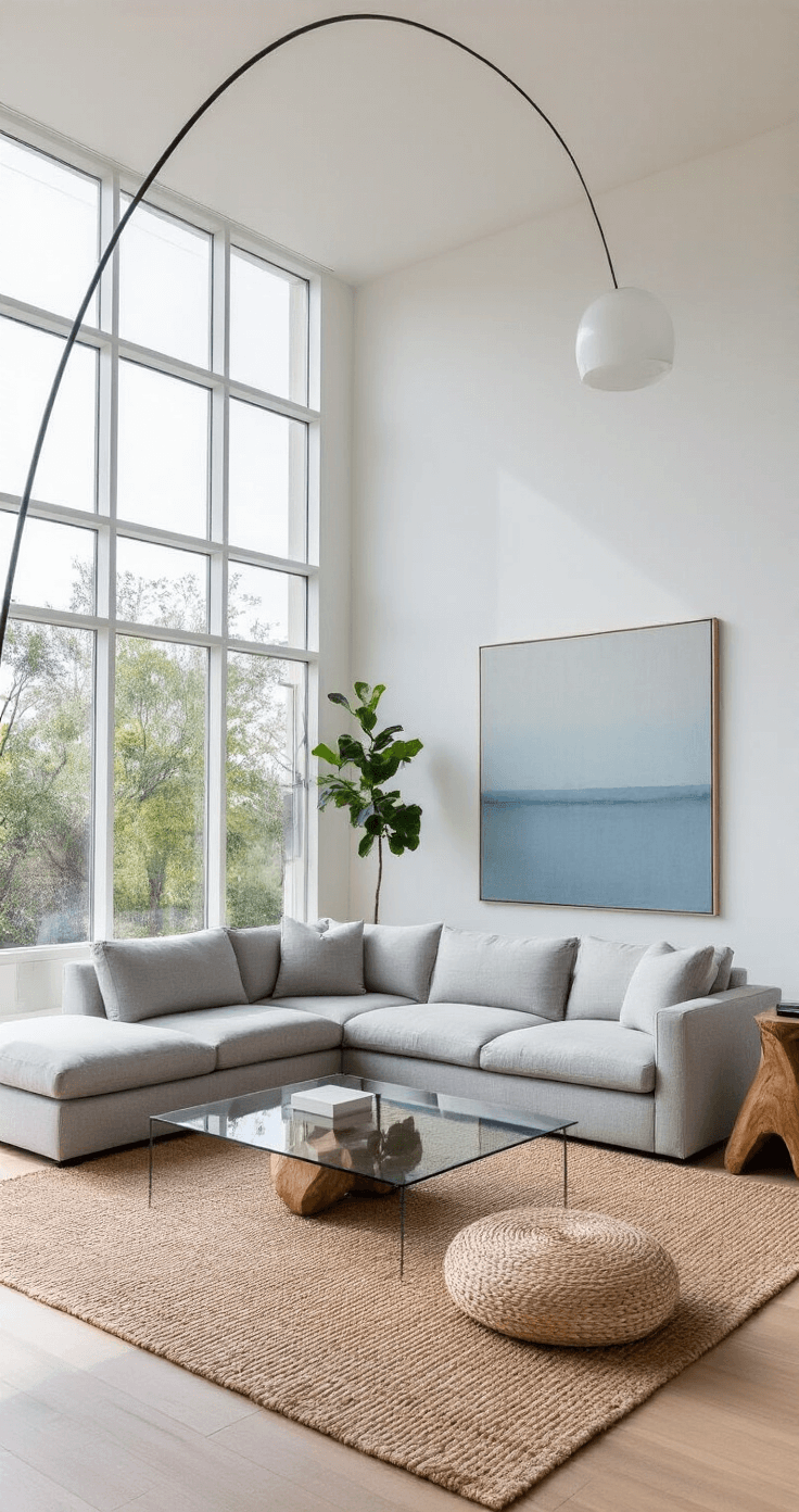 A spacious modern minimalist living room with a grey linen sectional sofa, glass coffee table, and jute rug, illuminated by soft morning light from floor-to-ceiling windows, featuring a large abstract canvas and a potted fiddle leaf fig.