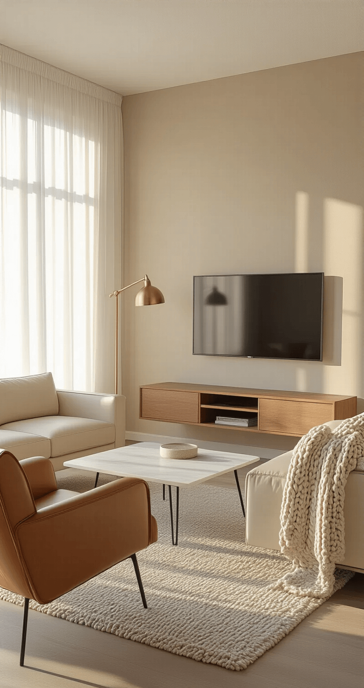 A cozy minimalist living area featuring an ivory leather sofa, camel leather armchair, and white marble coffee table, bathed in warm golden hour light filtering through sheer curtains, with a wool rug and a large black and white photograph on the greige walls.
