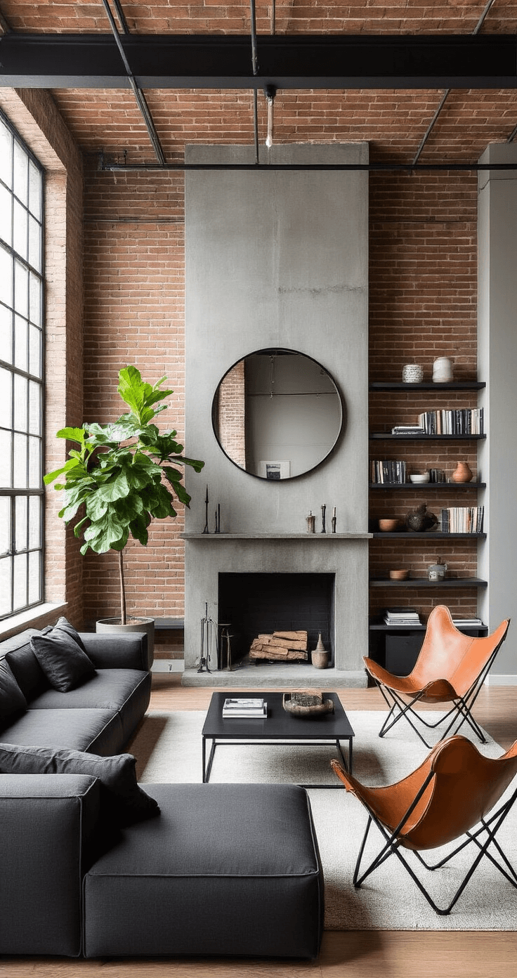 A minimalist loft living space with high ceilings, exposed brick walls, and industrial windows, featuring a charcoal sectional, leather butterfly chairs, and a concrete fireplace, accented by a fiddle leaf fig and curated shelves, all in a monochromatic color scheme.