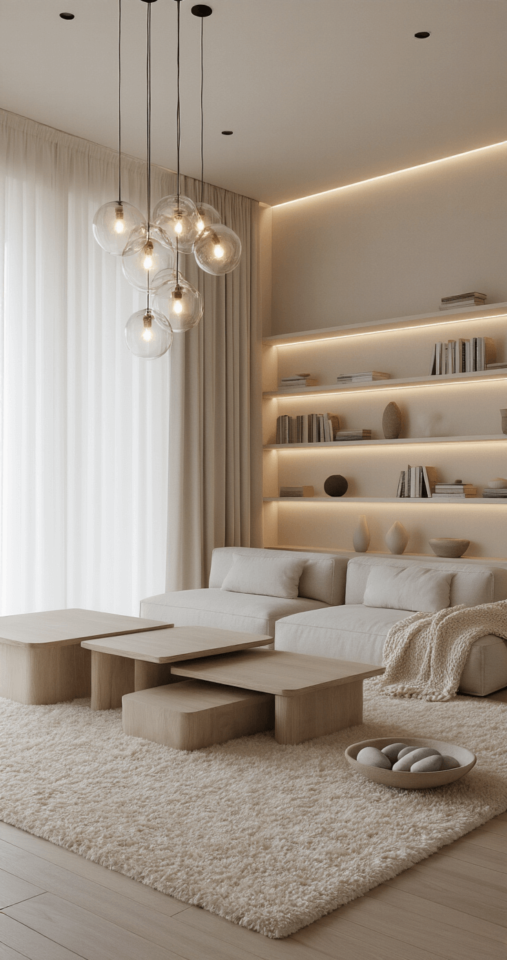 A serene minimalist living room at dusk featuring a light grey modular sofa on a cream-colored area rug, surrounded by wooden nested coffee tables, floor-to-ceiling bookshelves, and soft lighting from a glass orb chandelier, creating a cozy and intimate atmosphere.