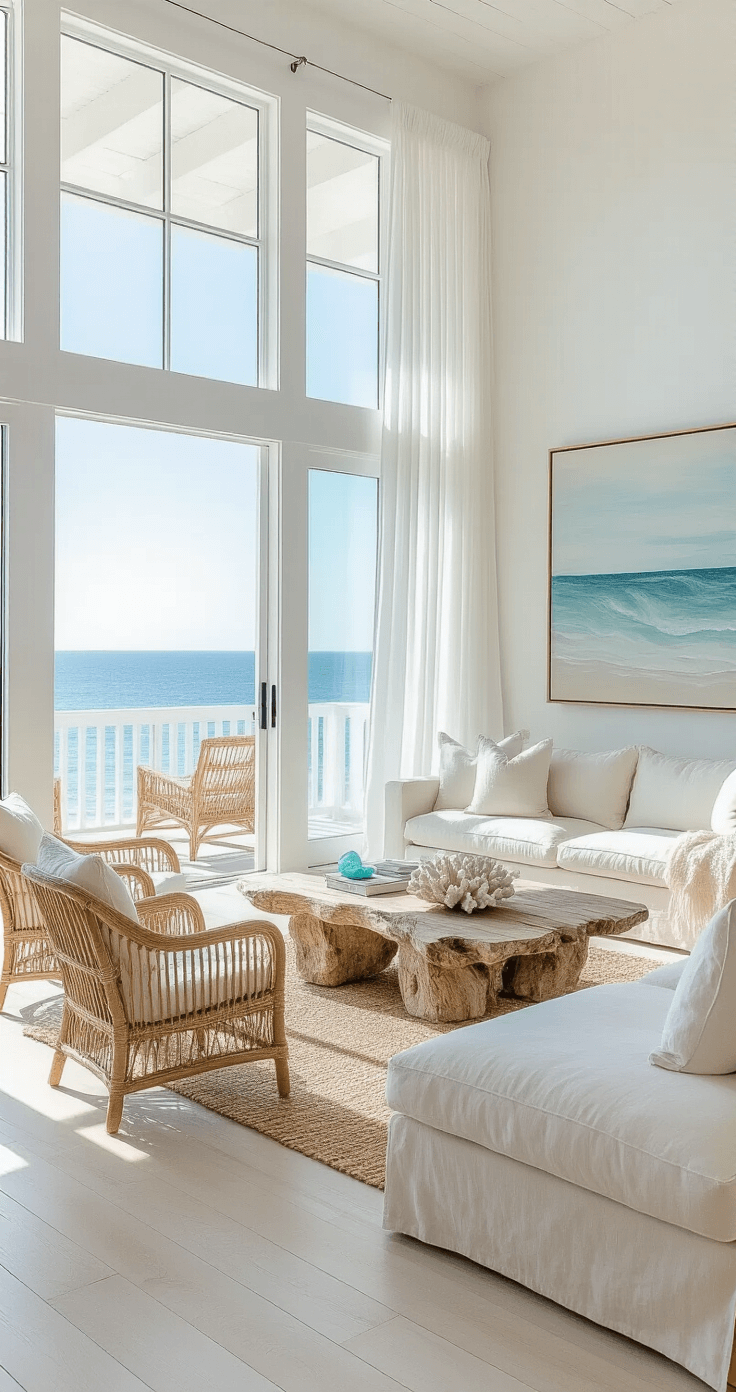 Bright coastal minimalist living room featuring a large L-shaped linen sofa, rattan armchairs, and a driftwood coffee table, with floor-to-ceiling ocean views and sheer white curtains.