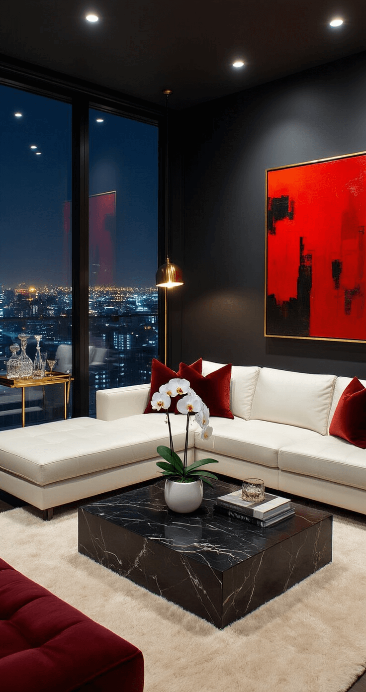 A sophisticated urban minimalist living room at night featuring dark charcoal walls, a white leather sectional, a black marble coffee table with a single orchid, floor-to-ceiling windows showing city lights, warm brass accents, and an abstract expressionist painting in bold reds and blacks. The scene is low-angle, highlighting the height of the space.