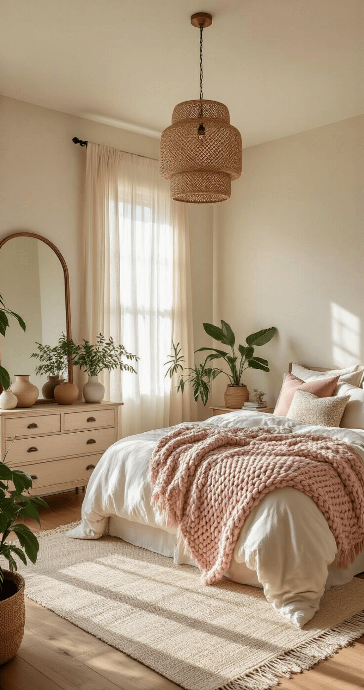 A serene 12x14ft bedroom featuring a plush queen bed with a blush pink chunky knit throw, textured earth-toned pillows, a rattan pendant light, vintage dresser with ceramics, arched mirror, warm wood flooring, cream Moroccan-style rug, and various plants in soft morning light.