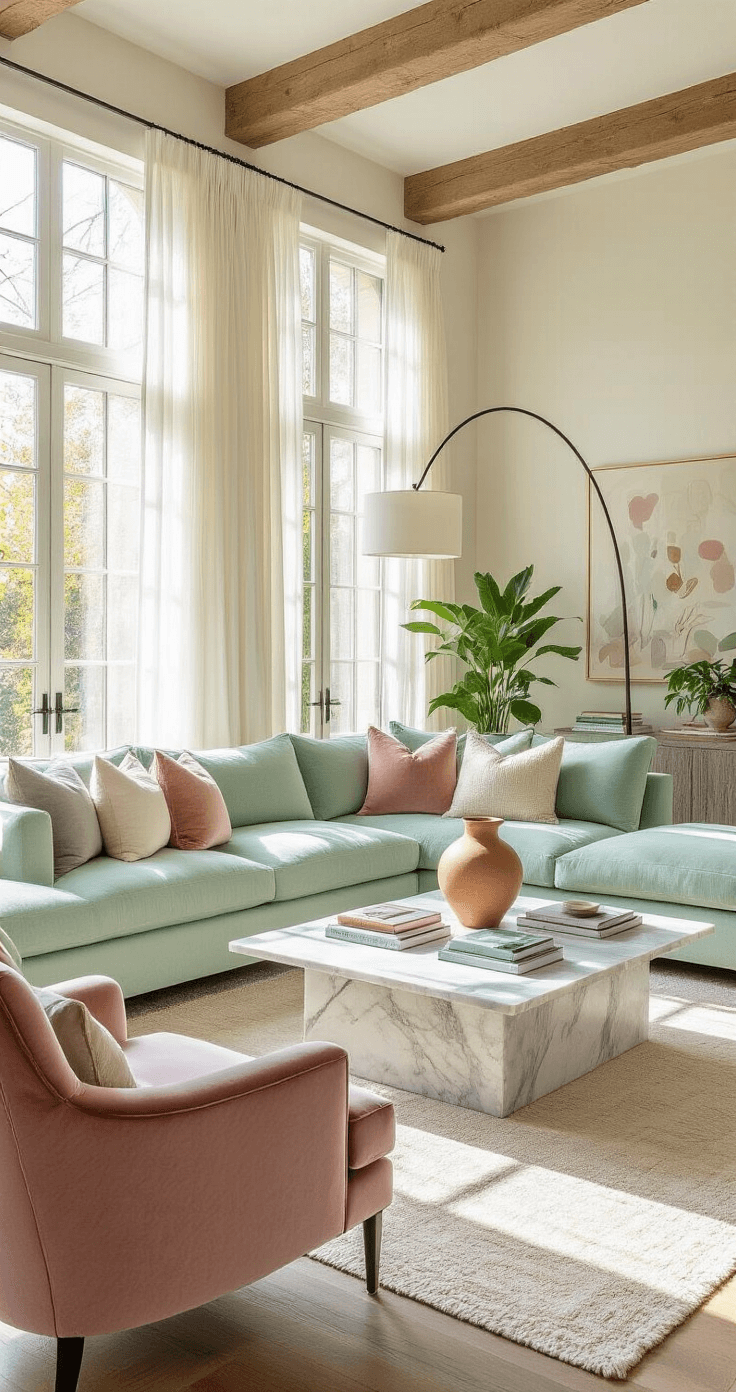 Bright and airy living room with high ceilings, exposed wooden beams, and large windows, featuring a mint green L-shaped sofa, marble coffee table, pastel throw pillows, sheer white curtains, potted plants, and a velvet armchair in dusty rose, bathed in afternoon sunlight.