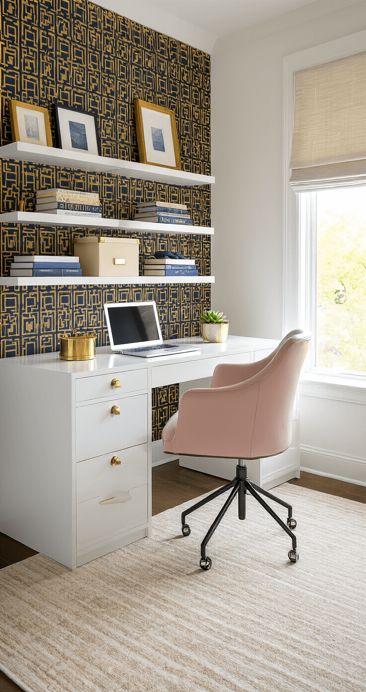 Chic home office with white walls, bold navy and gold geometric wallpaper, white lacquer desk, sleek laptop, brass accessories, blush leather chair, and floating shelves, bathed in warm afternoon light.