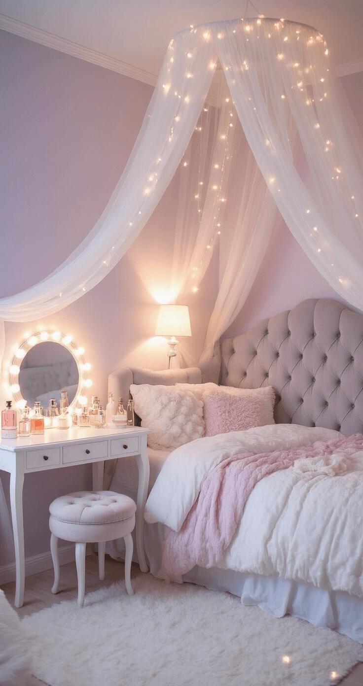 A dreamy bedroom with pale lavender walls, fluffy white and pastel pink bedding on a tufted light gray velvet bed, adorned with fairy lights and a blush sheer curtain, featuring a white vanity with perfume bottles and a round mirror, all illuminated by a sunset lamp for a romantic and comforting ambiance.