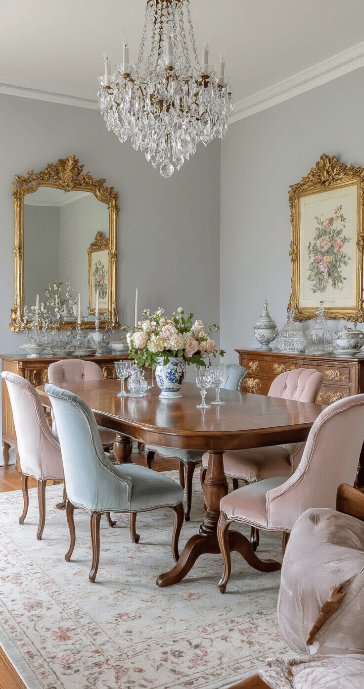 An elegant dining room in coquette style featuring gray walls, ornate gold-framed mirrors, vintage floral prints, a long wooden table with curved legs, velvet-upholstered chairs in pastel hues, a sideboard with fine china, fresh flowers in a porcelain vase, and a plush area rug, illuminated by a crystal chandelier.