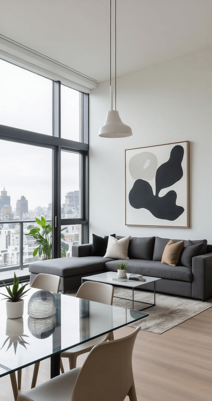 A modern open-concept living and dining area featuring floor-to-ceiling windows, a charcoal gray sectional, a glass dining table with molded plastic chairs, an abstract black and white canvas, and plants in white pots, all captured from a high corner angle.